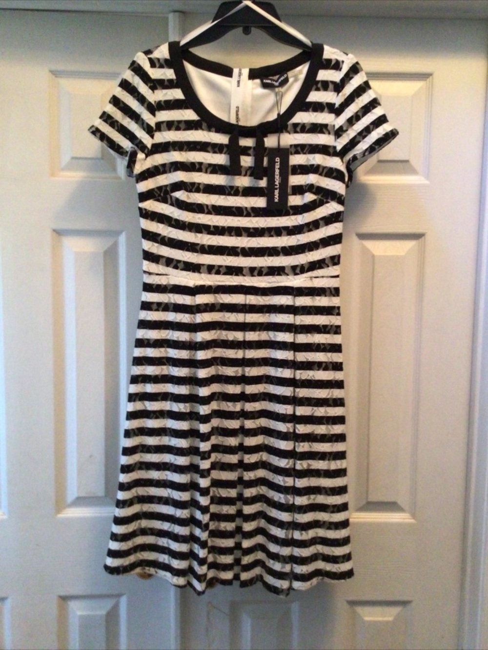 New Karl Lagerfeld Black and White Striped A Line Dress Small